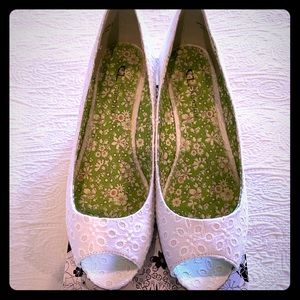 White open toe wedges